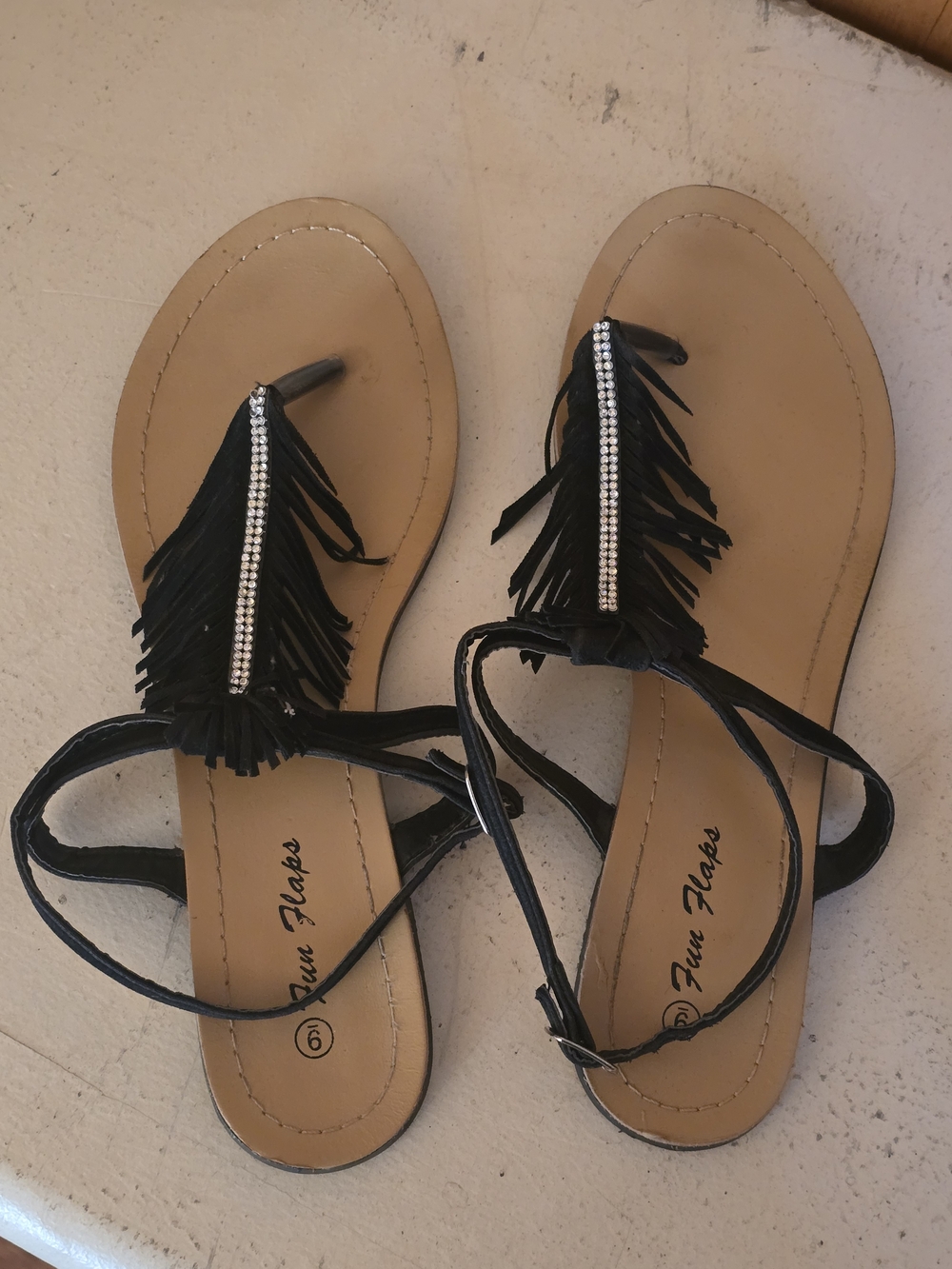 Black Fringe Rhinestone T-Strap Sandals